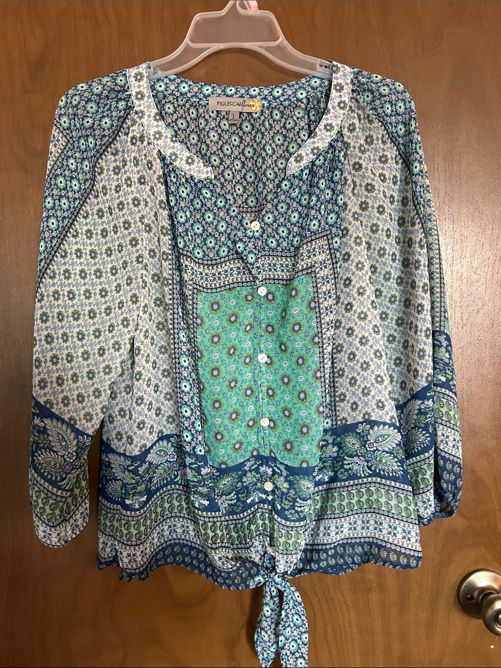Figue & Flower Blue-Green Patterned Button-Front Women’s Blouse